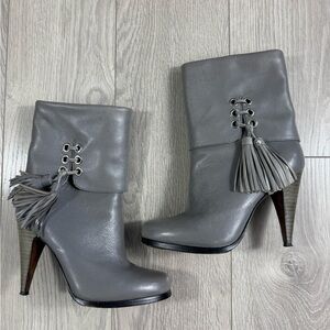 Coach Gray Leather Ankle Tassel Heeled Boots